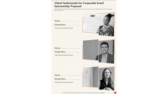 Client Testimonials For Corporate Event Sponsorship Proposal One Pager Sample Example Document Client Testimonials For Corporate Event Sponsorship Proposal One Pager Sample Example Document