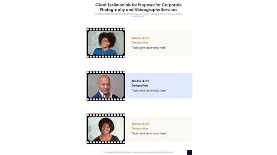 Client Testimonials For Corporate Photography And Videography Services One Pager Sample Example Document Client Testimonials For Corporate Photography And Videography Services One Pager Sample Example Document