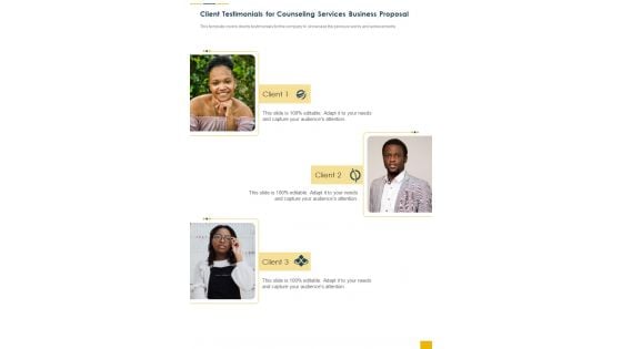 Client Testimonials For Counseling Services Business Proposal One Pager Sample Example Document Client Testimonials For Counseling Services Business Proposal One Pager Sample Example Document