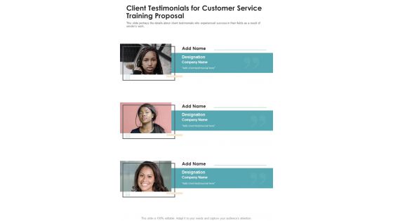 Client Testimonials For Customer Service Training Proposal One Pager Sample Example Document