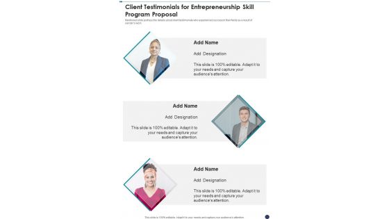 Client Testimonials For Entrepreneurship Skill Program Proposal One Pager Sample Example Document Client Testimonials For Entrepreneurship Skill Program Proposal One Pager Sample Example Document