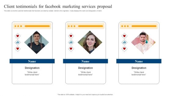 Client Testimonials For Facebook Marketing Services Proposal Pictures PDF