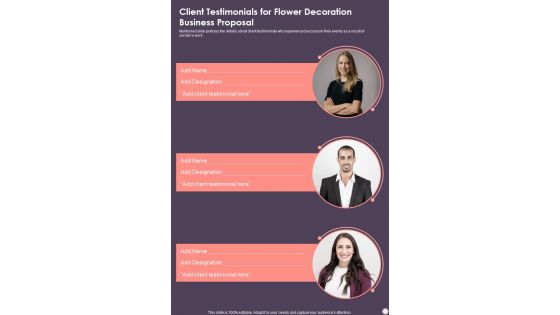 Client Testimonials For Flower Decoration Business Proposal One Pager Sample Example Document Client Testimonials For Flower Decoration Business Proposal One Pager Sample Example Document
