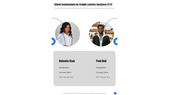 Client Testimonials For Freight Carriers Business One Pager Sample Example Document Client Testimonials For Freight Carriers Business One Pager Sample Example Document