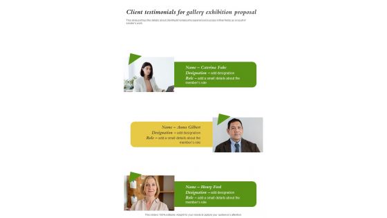 Client Testimonials For Gallery Exhibition Proposal One Pager Sample Example Document Client Testimonials For Gallery Exhibition Proposal One Pager Sample Example Document