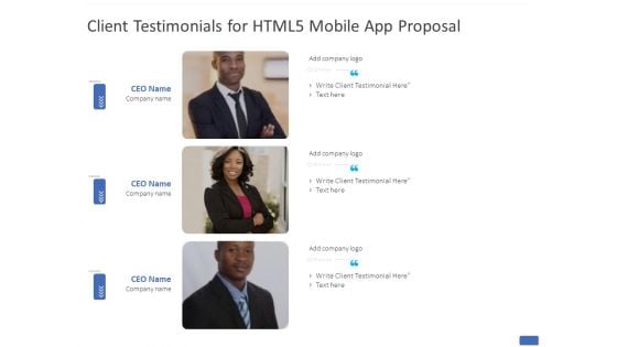 Client Testimonials For HTML5 Mobile App Proposal Ppt PowerPoint Presentation Professional Graphics Tutorials PDF