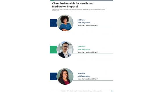 Client Testimonials For Health And Medication Proposal One Pager Sample Example Document Client Testimonials For Health And Medication Proposal One Pager Sample Example Document
