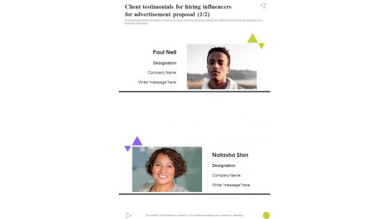 Client Testimonials For Hiring Influencers For Advertisement Proposal One Pager Sample Example Document Client Testimonials For Hiring Influencers For Advertisement Proposal One Pager Sample Example Document