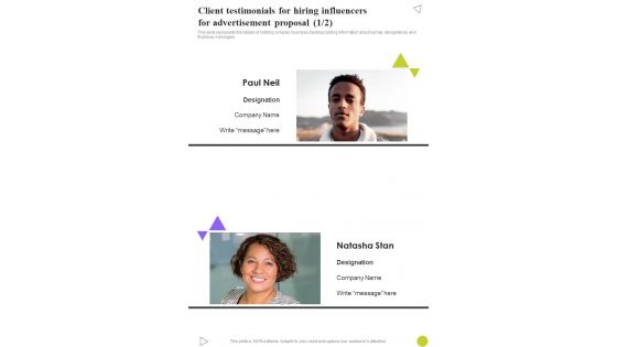 Client Testimonials For Hiring Influencers For Advertisement Proposal One Pager Sample Example Document