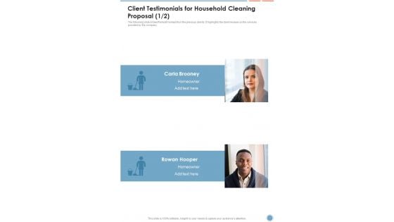 Client Testimonials For Household Cleaning Proposal One Pager Sample Example Document Client Testimonials For Household Cleaning Proposal One Pager Sample Example Document