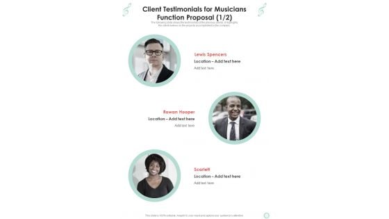 Client Testimonials For Musicians Function Proposal One Pager Sample Example Document