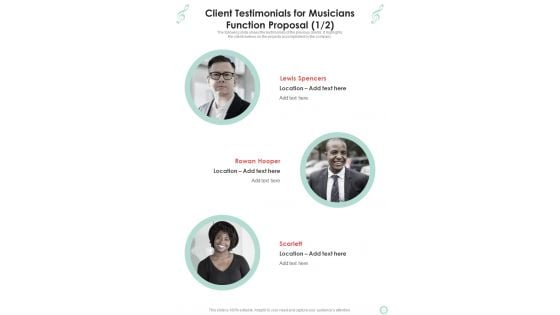 Client Testimonials For Musicians Function Proposal One Pager Sample Example Document Client Testimonials For Musicians Function Proposal One Pager Sample Example Document