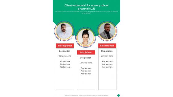 Client Testimonials For Nursery School Proposal One Pager Sample Example Document