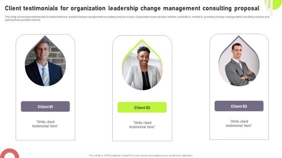 Client Testimonials For Organization Leadership Change Management Consulting Proposal Guidelines PDF