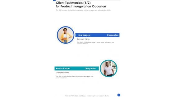 Client Testimonials For Product Inauguration Occasion One Pager Sample Example Document