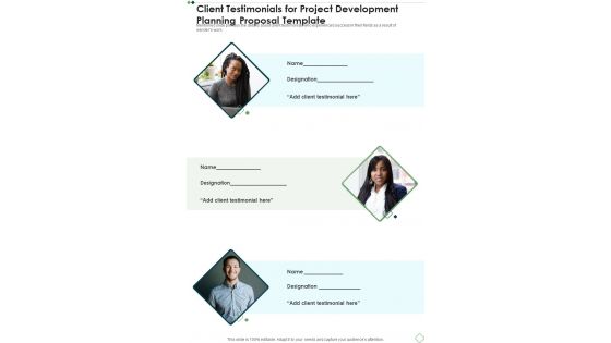 Client Testimonials For Project Development Planning Proposal Template One Pager Sample Example Document Client Testimonials For Project Development Planning Proposal Template One Pager Sample Example Document