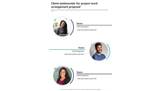 Client Testimonials For Project Work Arrangement Proposal One Pager Sample Example Document