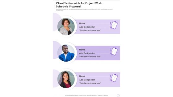 Client Testimonials For Project Work Schedule Proposal One Pager Sample Example Document Client Testimonials For Project Work Schedule Proposal One Pager Sample Example Document