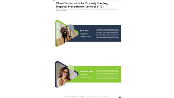 Client Testimonials For Property Funding Proposal Presentation Services One Pager Sample Example Document