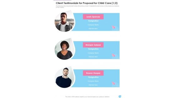 Client Testimonials For Proposal For Child Care One Pager Sample Example Document