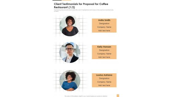 Client Testimonials For Proposal For Coffee Restaurant One Pager Sample Example Document