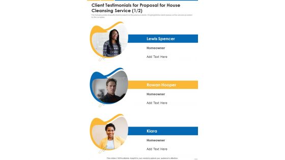 Client Testimonials For Proposal For House Cleansing Service One Pager Sample Example Document Client Testimonials For Proposal For House Cleansing Service One Pager Sample Example Document
