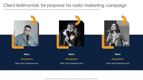 Client Testimonials For Proposal For Radio Marketing Campaign Ppt Slides Background Image PDF