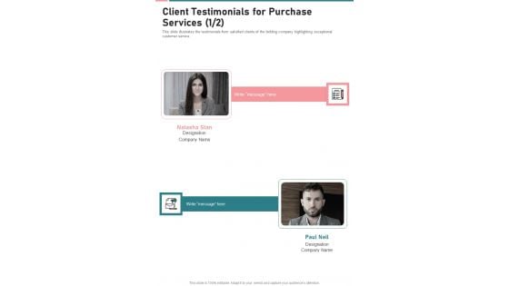 Client Testimonials For Purchase Services One Pager Sample Example Document