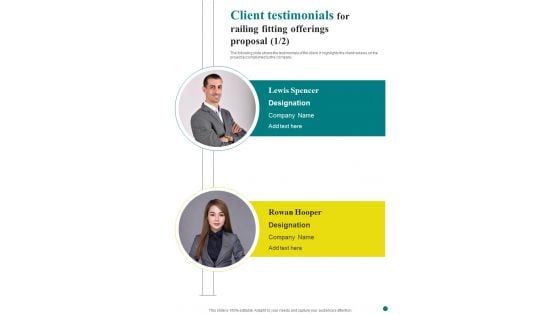 Client Testimonials For Railing Fitting Offerings Proposal One Pager Sample Example Document Client Testimonials For Railing Fitting Offerings Proposal One Pager Sample Example Document
