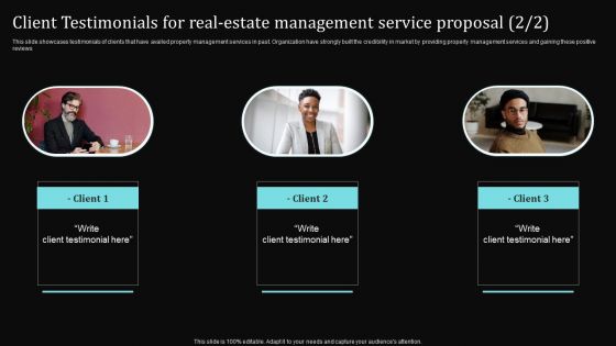 Client Testimonials For Real Estate Management Service Proposal Ppt Professional Introduction PDF