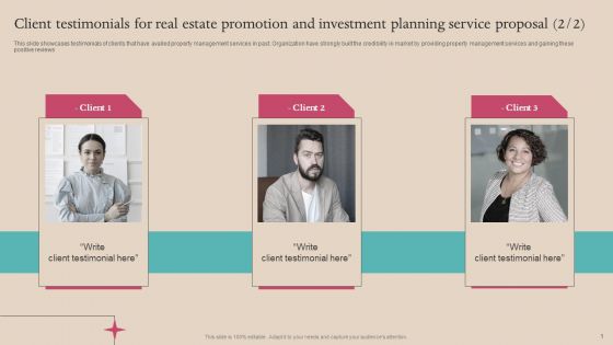 Client Testimonials For Real Estate Promotion And Investment Planning Service Proposal Clipart PDF