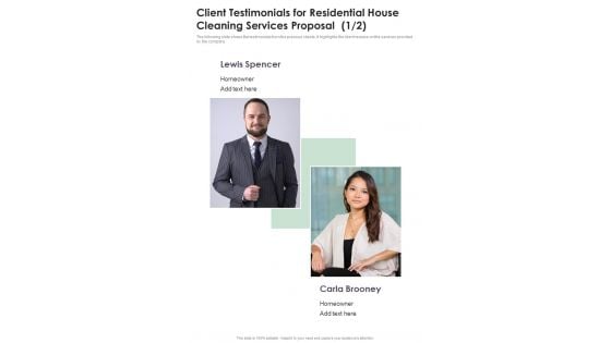 Client Testimonials For Residential House Cleaning Services Proposal One Pager Sample Example Document