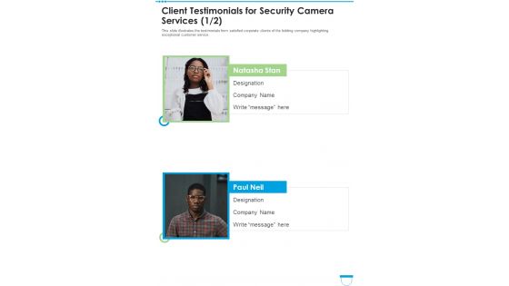 Client Testimonials For Security Camera Services One Pager Sample Example Document Client Testimonials For Security Camera Services One Pager Sample Example Document