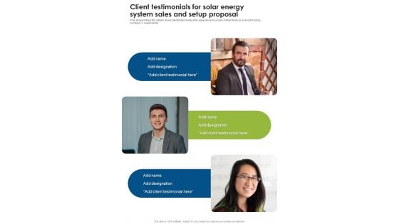 Client Testimonials For Solar Energy System Sales And Setup Proposal One Pager Sample Example Document Client Testimonials For Solar Energy System Sales And Setup Proposal One Pager Sample Example Document