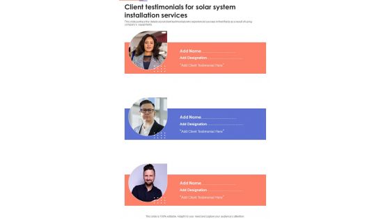Client Testimonials For Solar System Installation Services One Pager Sample Example Document Client Testimonials For Solar System Installation Services One Pager Sample Example Document