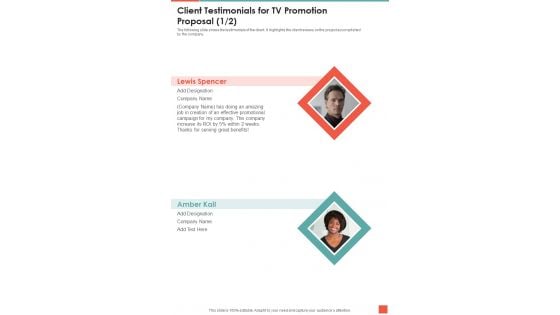 Client Testimonials For TV Promotion Proposal One Pager Sample Example Document Client Testimonials For TV Promotion Proposal One Pager Sample Example Document
