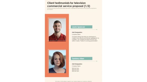 Client Testimonials For Television Commercial Service One Pager Sample Example Document Client Testimonials For Television Commercial Service One Pager Sample Example Document