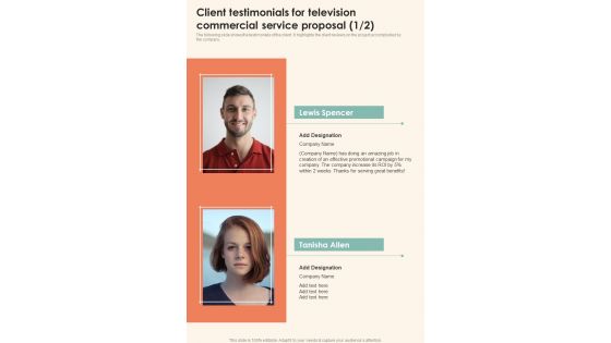 Client Testimonials For Television Commercial Service One Pager Sample Example Document