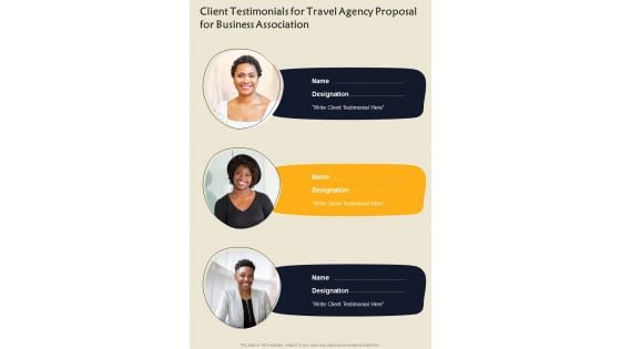 Client Testimonials For Travel Agency Proposal For Business Association One Pager Sample Example Document Client Testimonials For Travel Agency Proposal For Business Association One Pager Sample Example Document