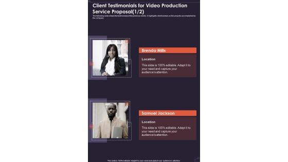 Client Testimonials For Video Production Service Proposal One Pager Sample Example Document