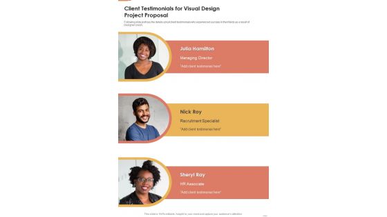 Client Testimonials For Visual Design Project Proposal One Pager Sample Example Document