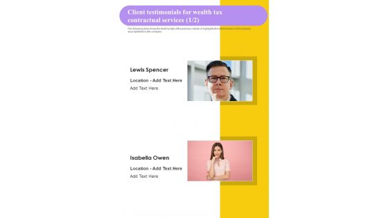 Client Testimonials For Wealth Tax Contractual Services One Pager Sample Example Document Client Testimonials For Wealth Tax Contractual Services One Pager Sample Example Document