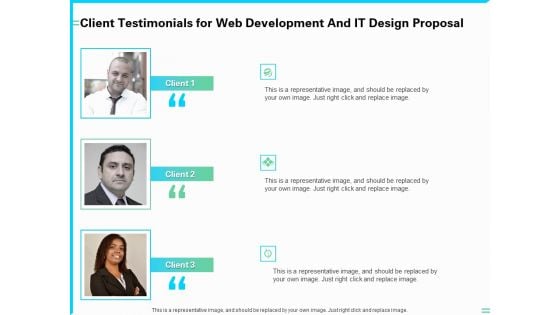 Client Testimonials For Web Development And IT Design Proposal Ppt PowerPoint Presentation File Templates PDF