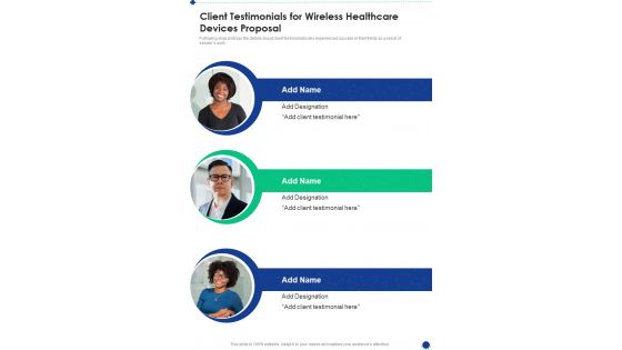 Client Testimonials For Wireless Healthcare Devices Proposal One Pager Sample Example Document