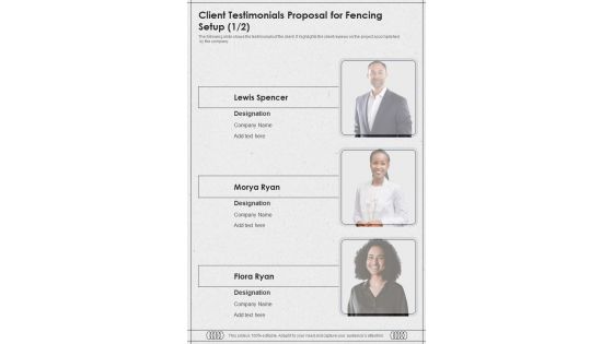 Client Testimonials Proposal For Fencing Setup One Pager Sample Example Document