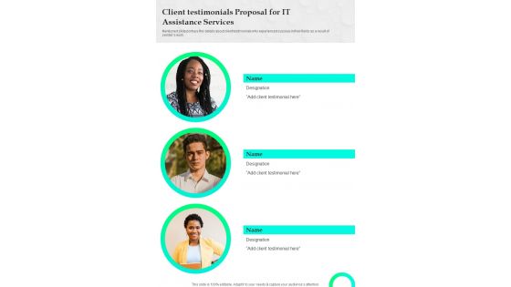 Client Testimonials Proposal For IT Assistance Services One Pager Sample Example Document Client Testimonials Proposal For IT Assistance Services One Pager Sample Example Document