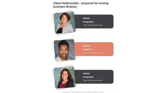 Client Testimonials Proposal For Touring Business Itinerary One Pager Sample Example Document Client Testimonials Proposal For Touring Business Itinerary One Pager Sample Example Document