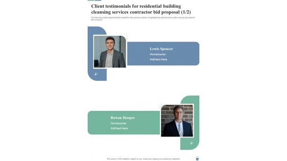Client Testimonials Residential Building Cleansing Services Contractor Bid Proposal One Pager Sample Example Document Client Testimonials Residential Building Cleansing Services Contractor Bid Proposal One Pager Sample Example Document