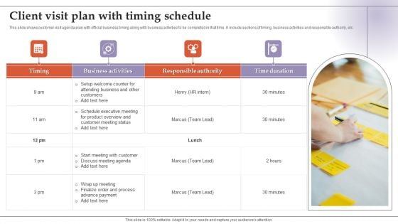 Client Visit Plan With Timing Schedule Icons PDF