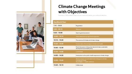 Climate Change Meetings With Objectives Ppt PowerPoint Presentation File Styles PDF